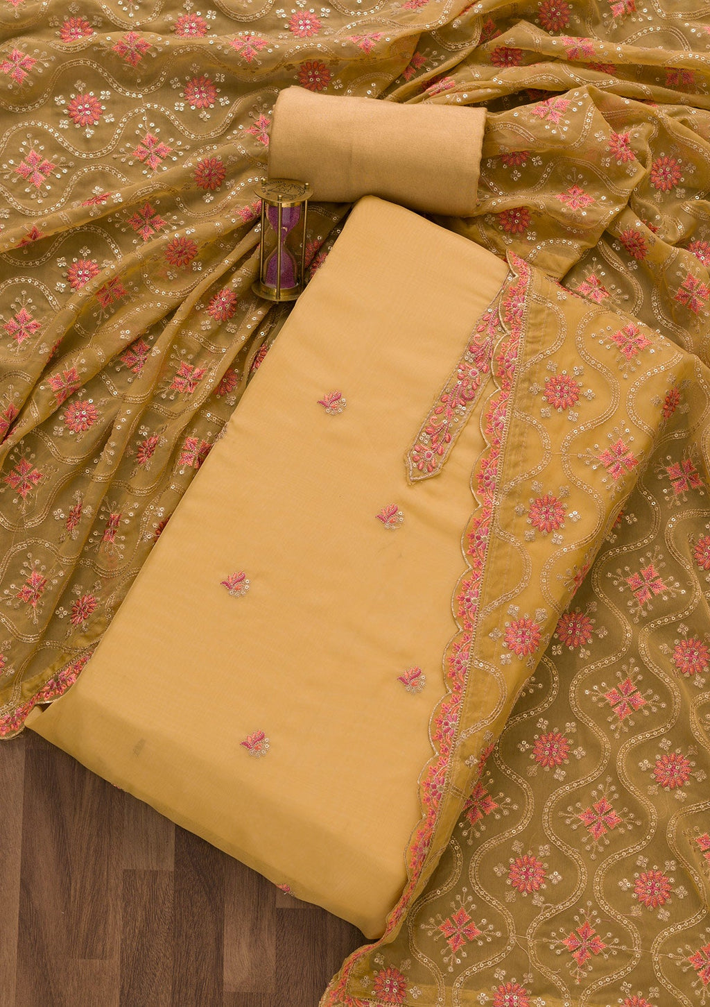 Brown Threadwork Organza Unstitched Salwar Suit