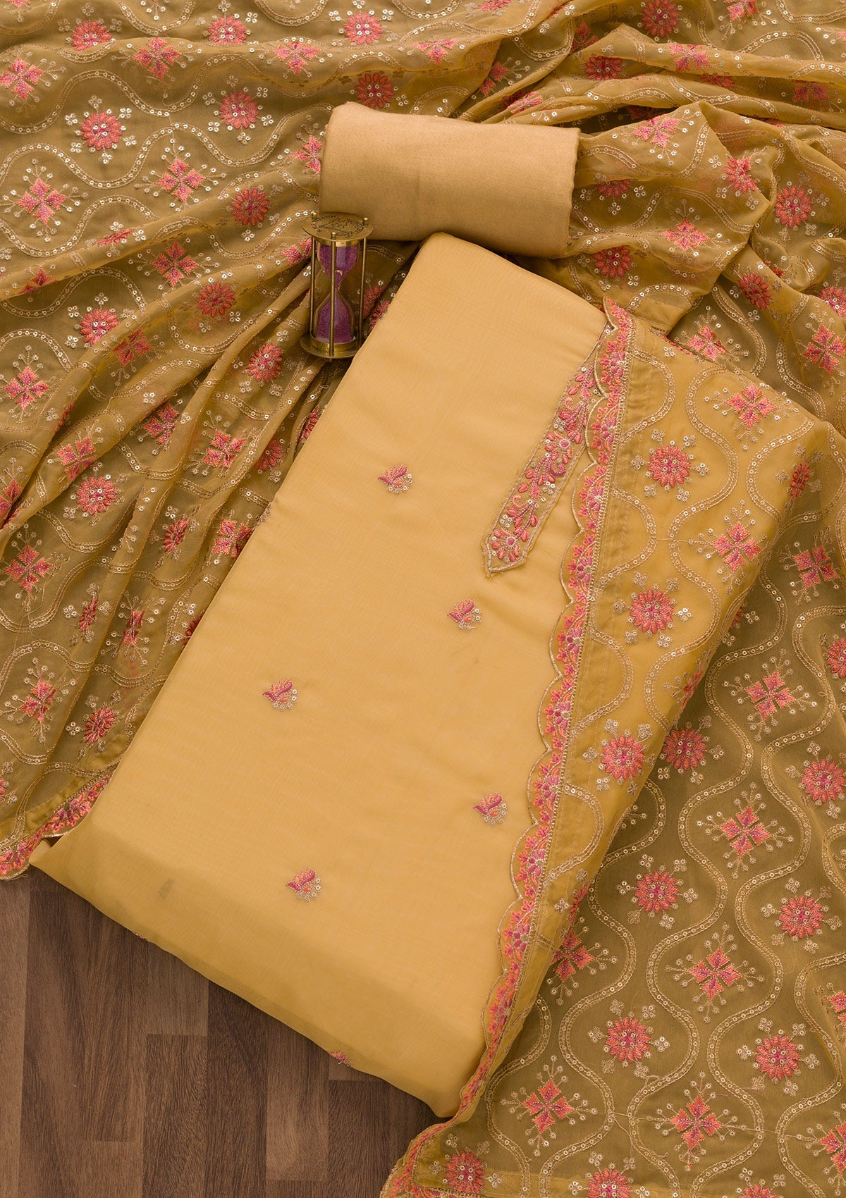 Brown Threadwork Organza Unstitched Salwar Suit
