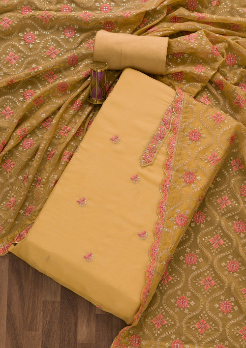 Brown Threadwork Organza Unstitched Salwar Suit