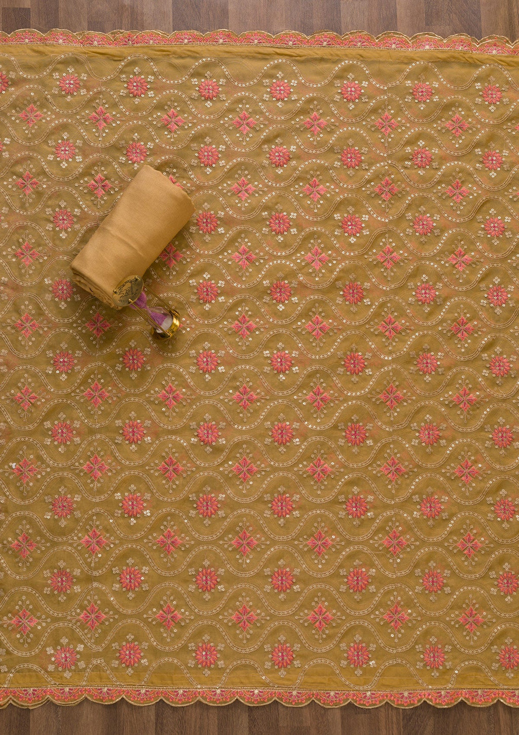 Brown Threadwork Organza Unstitched Salwar Suit