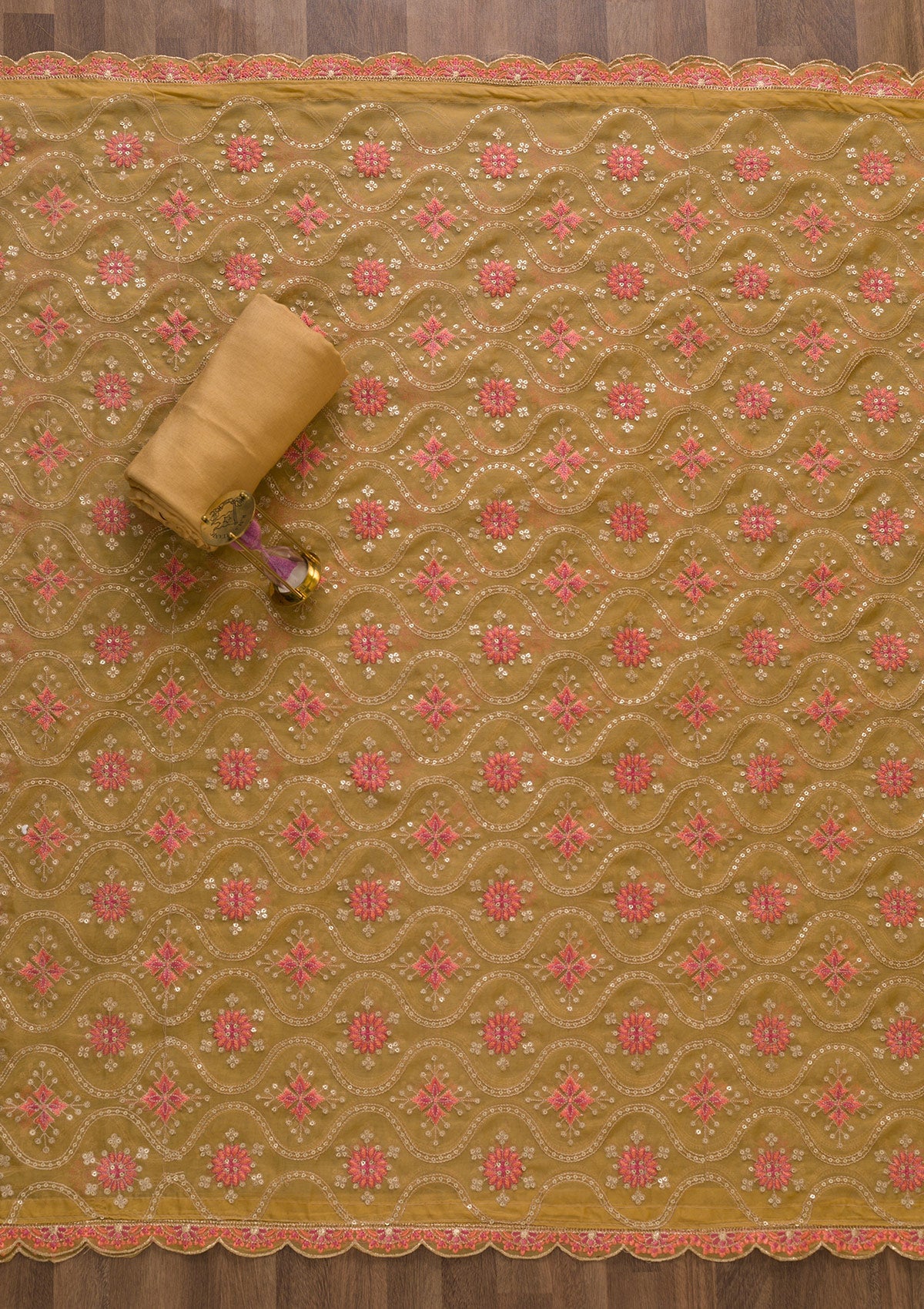 Brown Threadwork Organza Unstitched Salwar Suit
