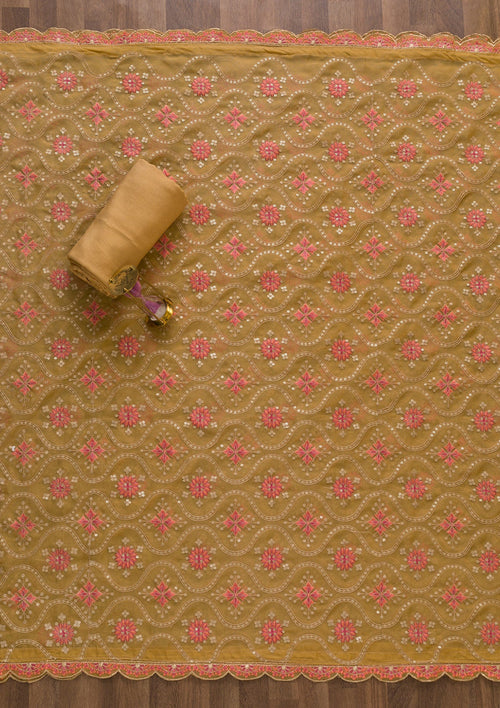 Brown Threadwork Organza Unstitched Salwar Suit