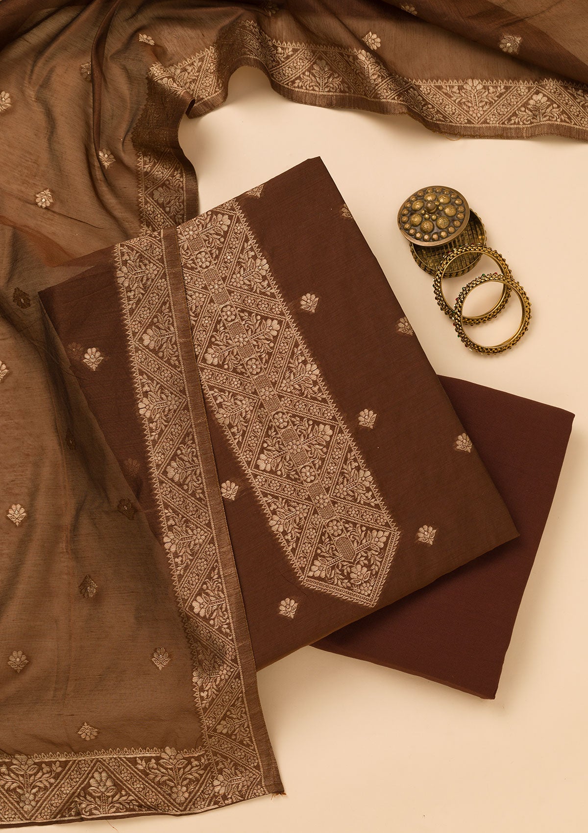 Brown Zariwork Art Silk Unstitched Salwar Suit