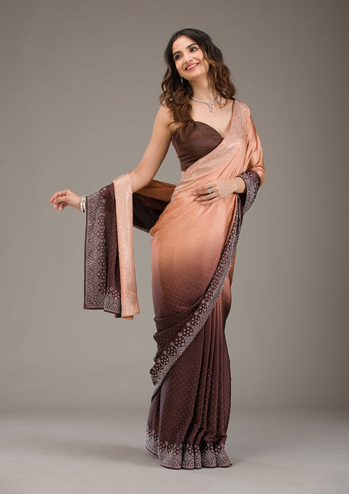 Brown Stonework (Silver) Satin Saree