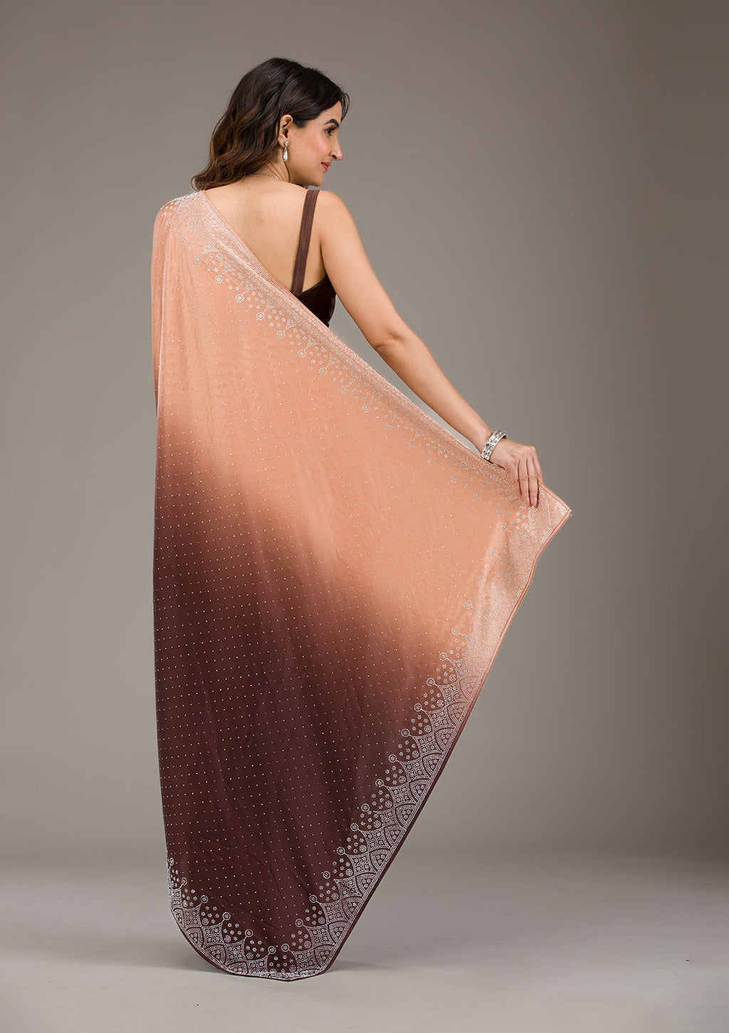 Brown Stonework (Silver) Satin Saree
