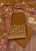 Brown Zariwork Semi Crepe Unstitched Salwar Suit