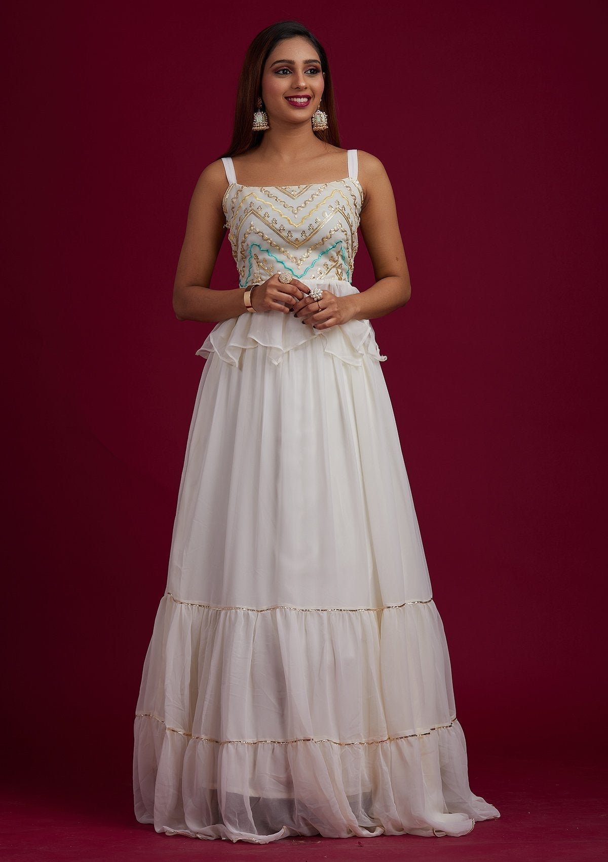 Cream Chikankari Georgette Readymade Lehenga