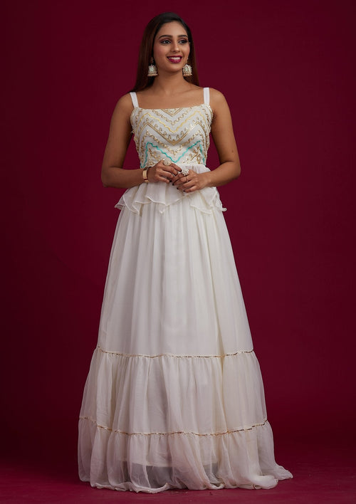 Cream Chikankari Georgette Readymade Lehenga