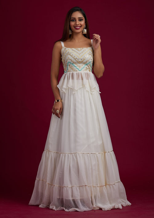 Cream Chikankari Georgette Readymade Lehenga