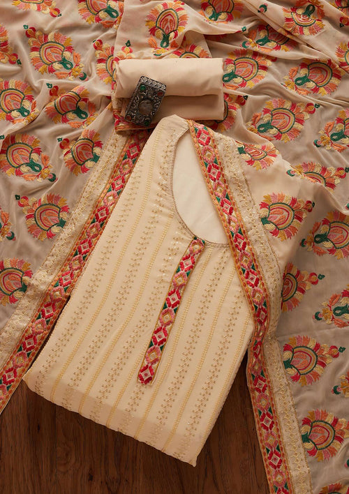 Cream Sequins Georgette Semi-Stitched Salwar Suit