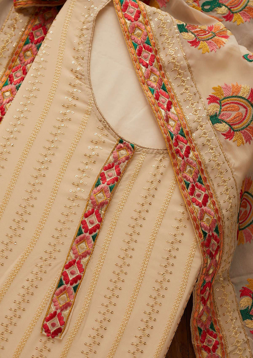 Cream Sequins Georgette Semi-Stitched Salwar Suit