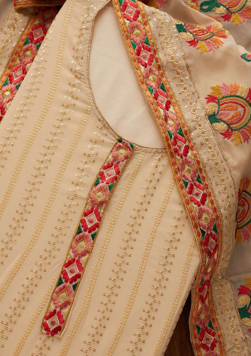 Cream Sequins Georgette Semi-Stitched Salwar Suit