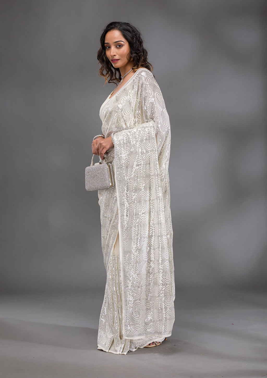 Cream Sequins Georgette Saree