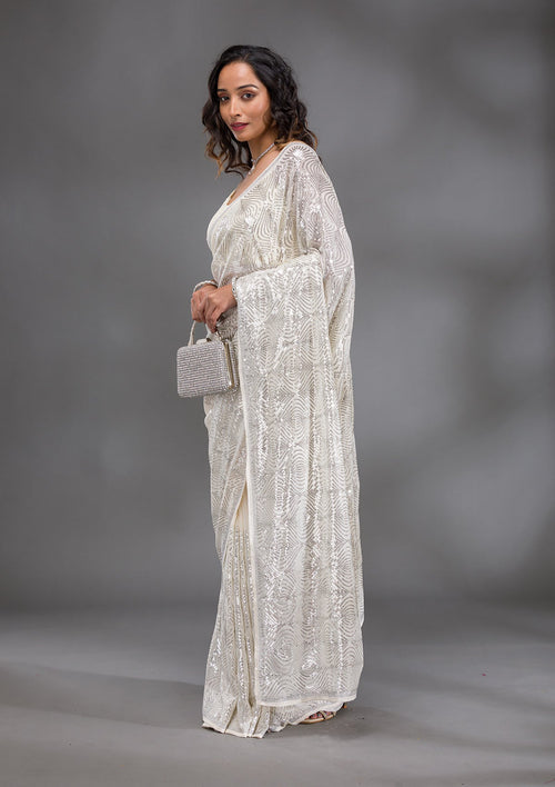 Cream Sequins Georgette Saree