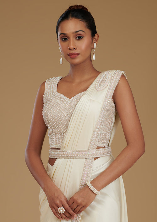 Cream Stonework Satin Readymade Saree