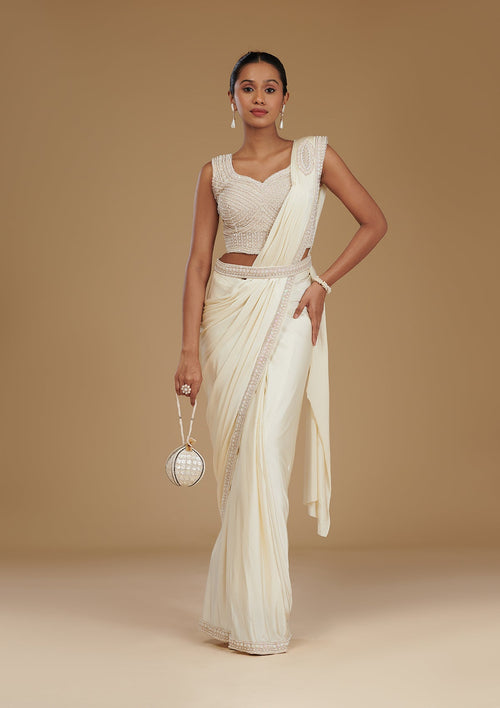Cream Stonework Satin Readymade Saree