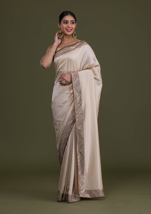Cream Stonework Satin Designer Saree