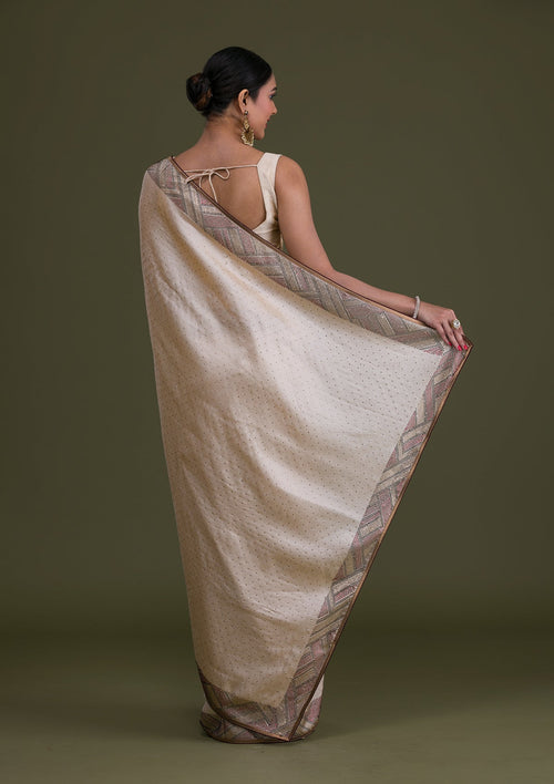 Cream Stonework Satin Designer Saree