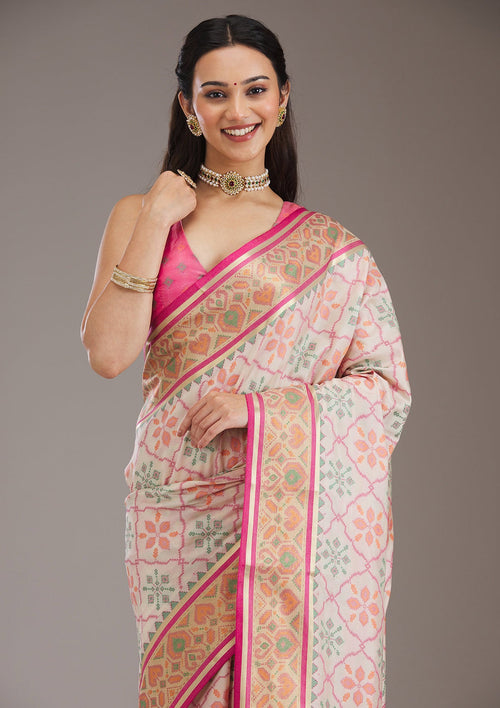 Cream Threadwork Art Silk Saree
