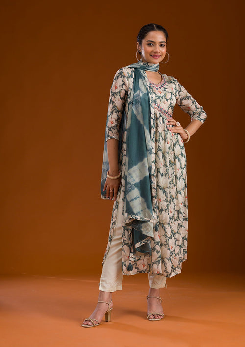 Cream Threadwork Chiffon Readymade Salwar Suit