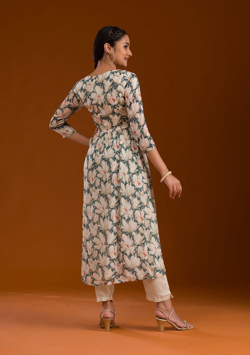 Cream Threadwork Chiffon Readymade Salwar Suit