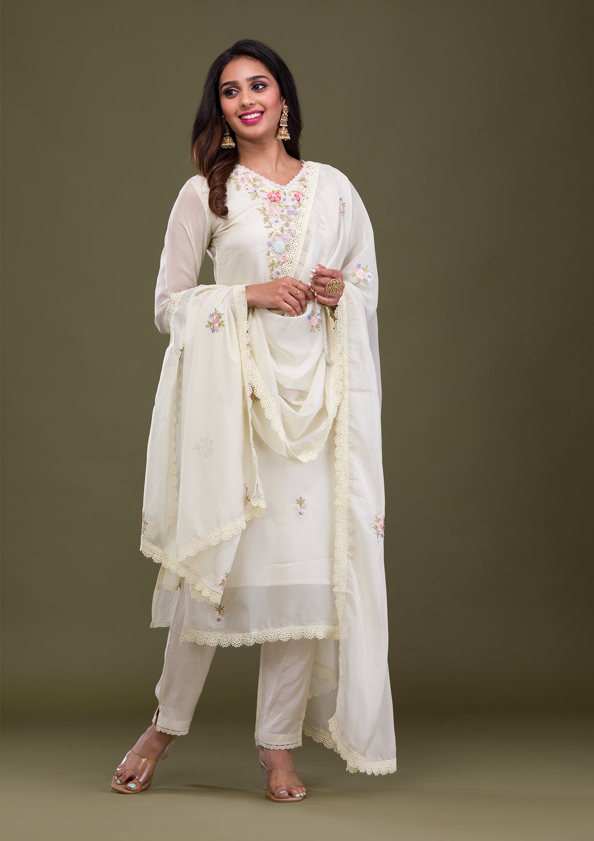 Cream Threadwork Cotton Readymade Salwar Suit