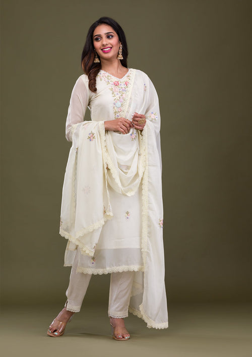 Cream Threadwork Cotton Readymade Salwar Suit