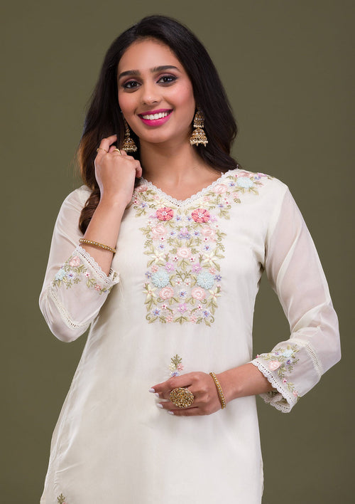 Cream Threadwork Cotton Readymade Salwar Suit