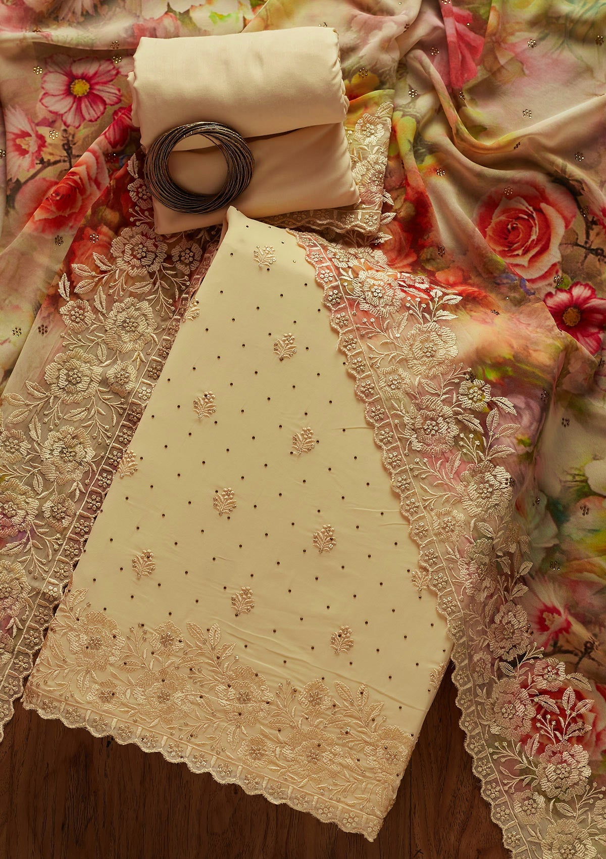 Cream Threadwork Georgette Unstitched Salwar Suit