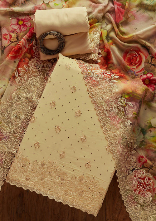Cream Threadwork Georgette Unstitched Salwar Suit