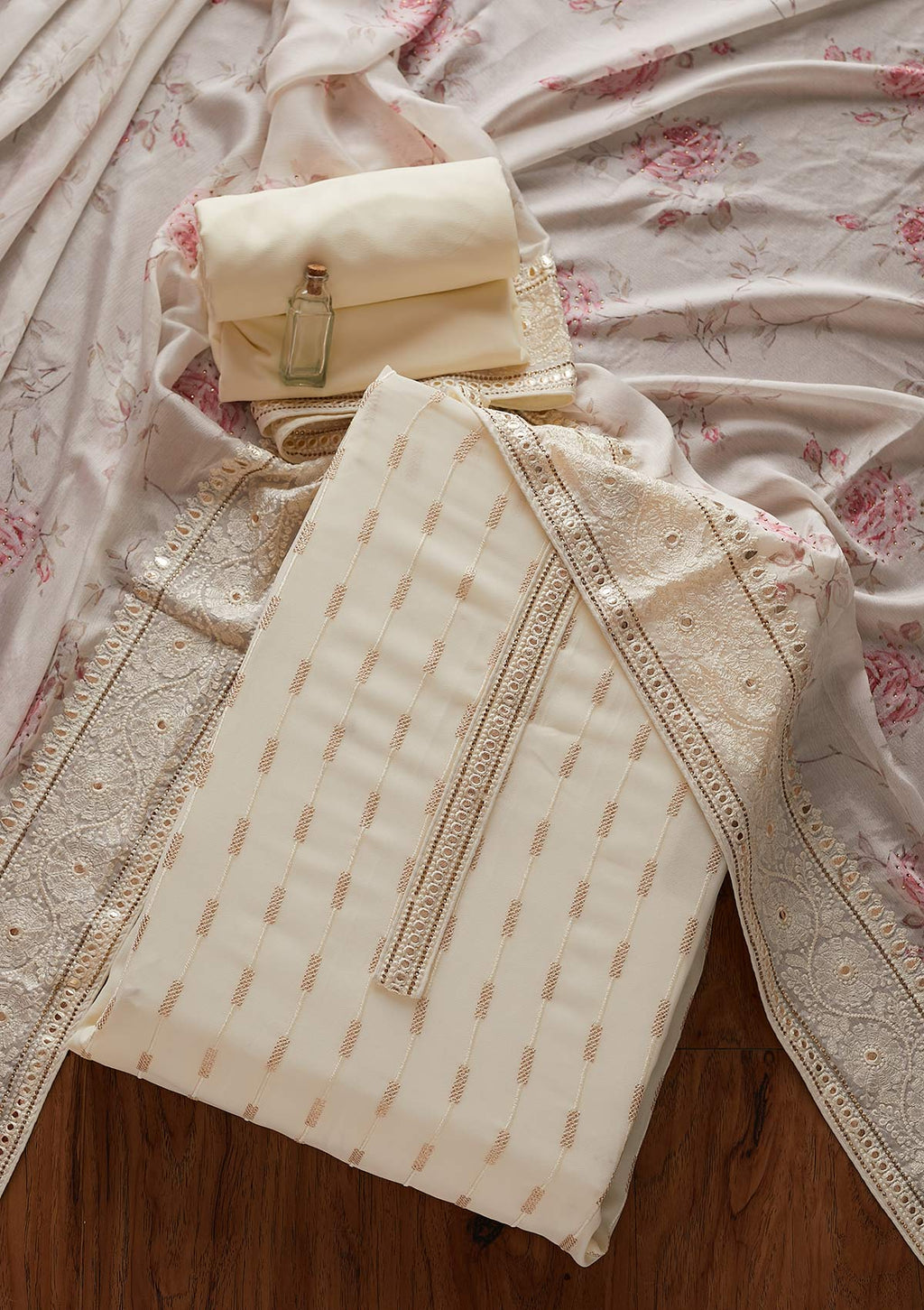 Cream Threadwork Georgette Unstitched Salwar Suit