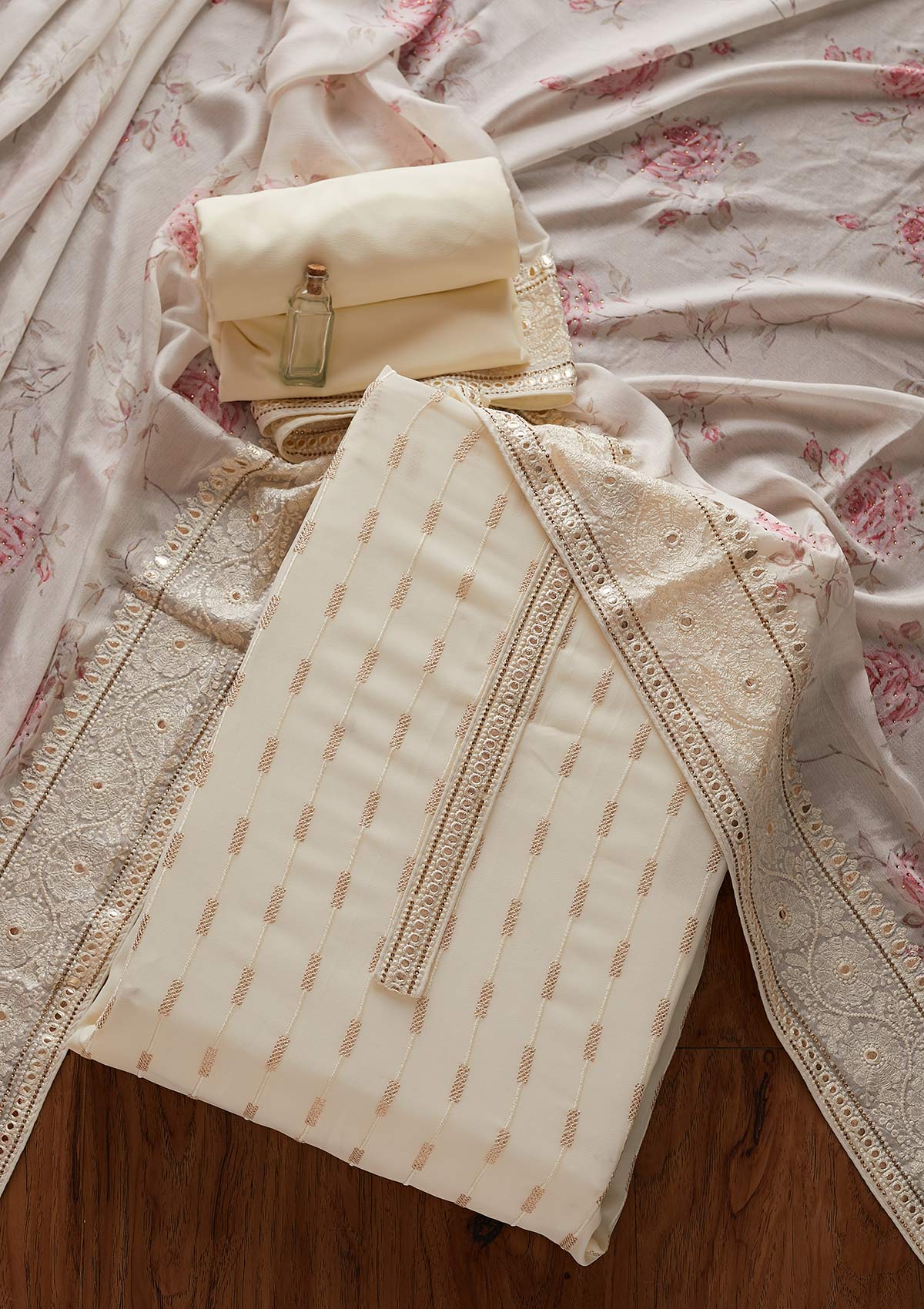 Cream Threadwork Georgette Unstitched Salwar Suit