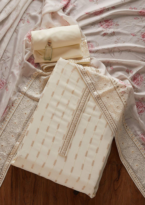 Cream Threadwork Georgette Unstitched Salwar Suit