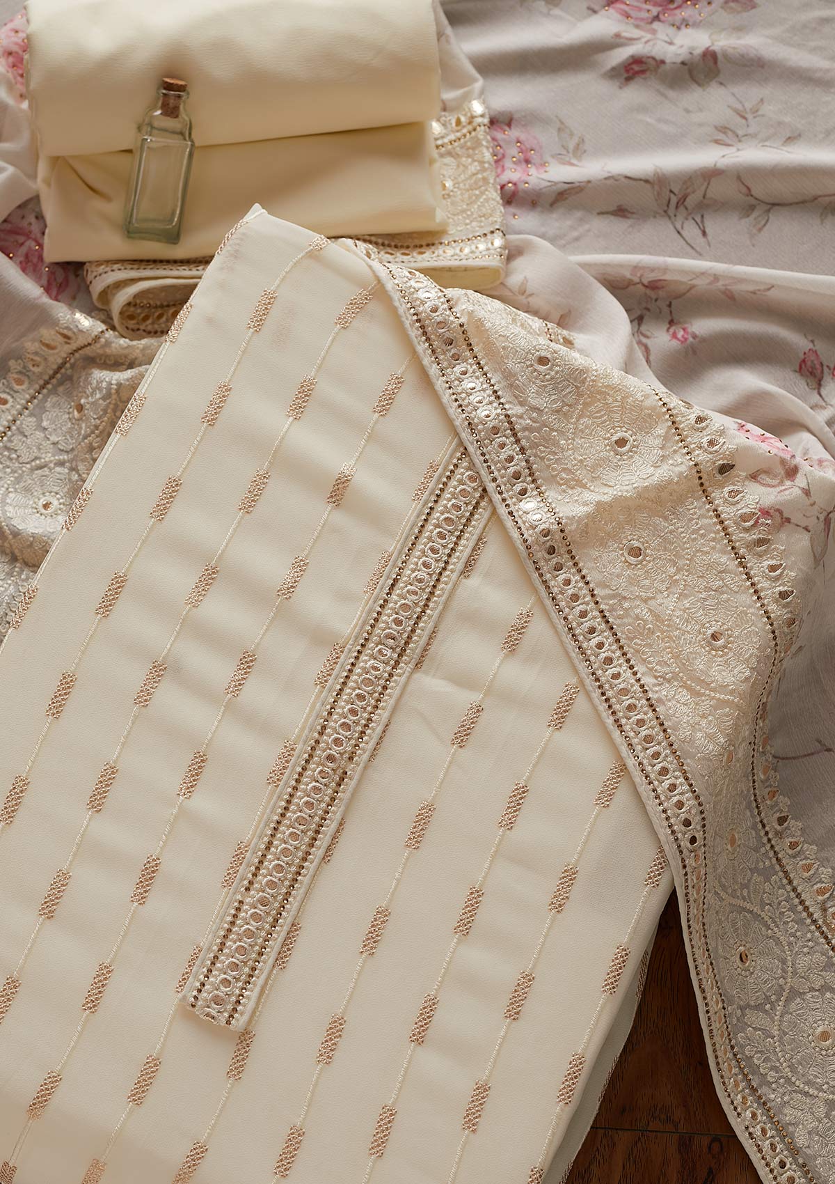 Cream Threadwork Georgette Unstitched Salwar Suit