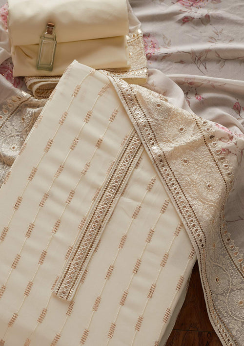 Cream Threadwork Georgette Unstitched Salwar Suit