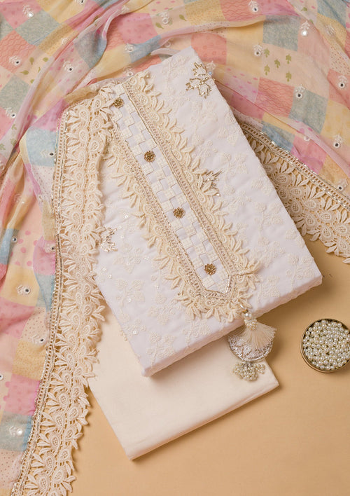 Cream Threadwork Georgette Unstitched Salwar Suit