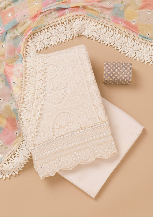 Cream Threadwork Georgette Unstitched Salwar Suit