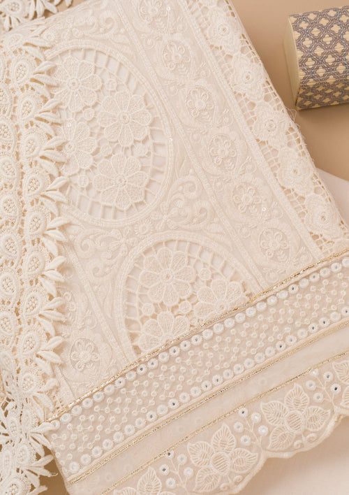 Cream Threadwork Georgette Unstitched Salwar Suit