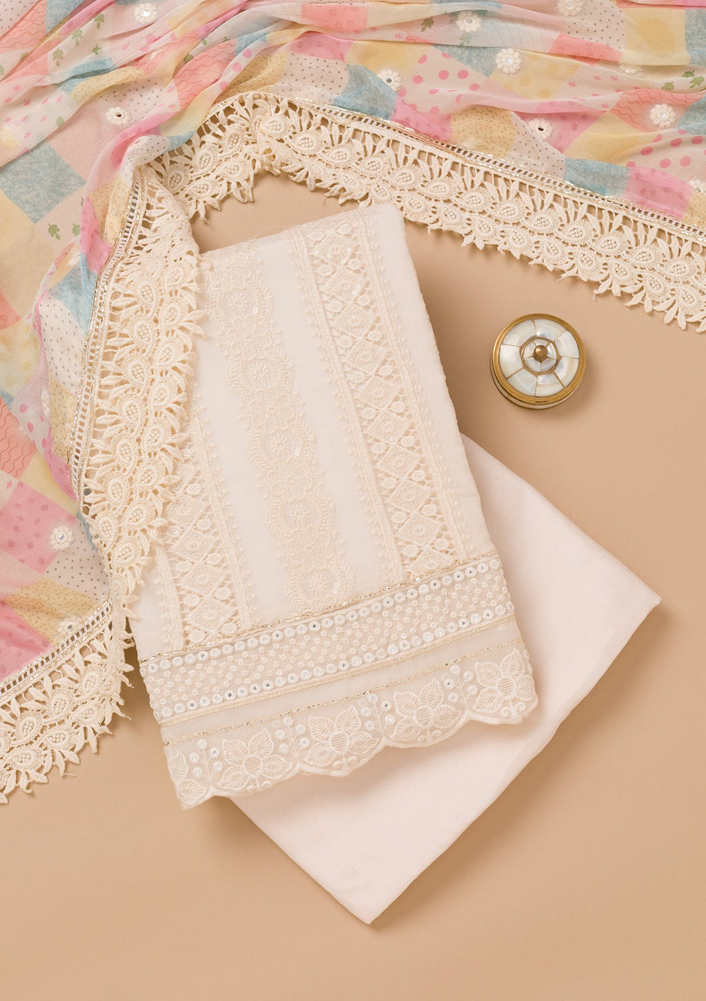 Cream Threadwork Georgette Unstitched Salwar Suit