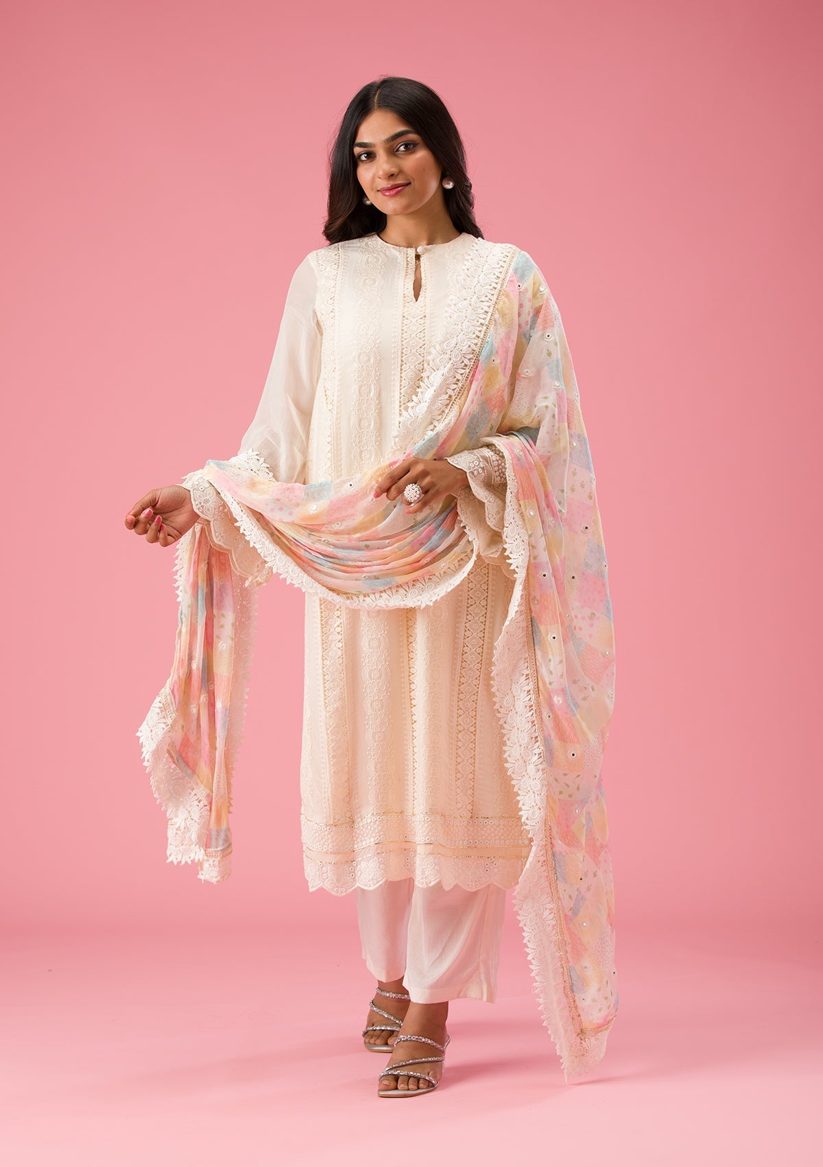 Cream Threadwork Georgette Unstitched Salwar Suit