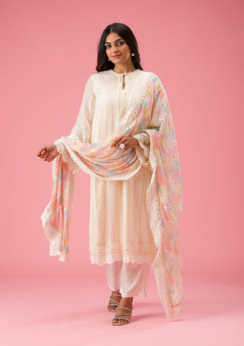 Cream Threadwork Georgette Unstitched Salwar Suit