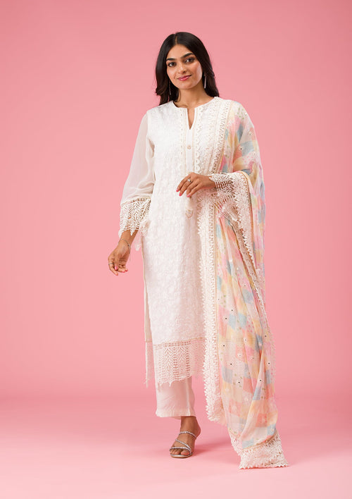 Cream Threadwork Georgette Unstitched Salwar Suit