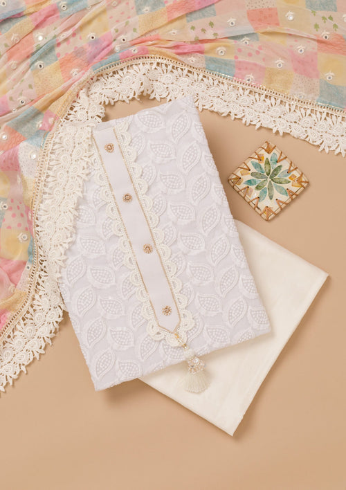 Cream Threadwork Georgette Unstitched Salwar Suit