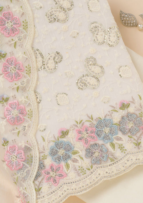 Cream Threadwork Georgette Unstitched Salwar Suit