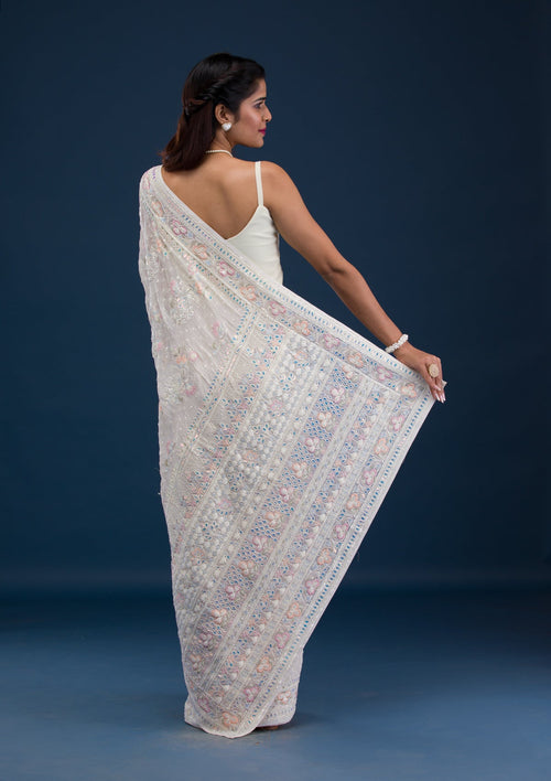 Cream Threadwork Georgette Saree