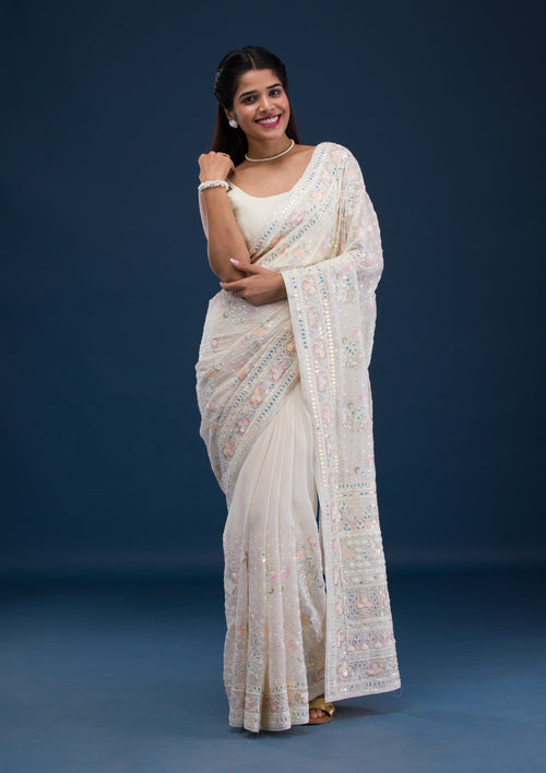 Cream Threadwork Georgette Saree