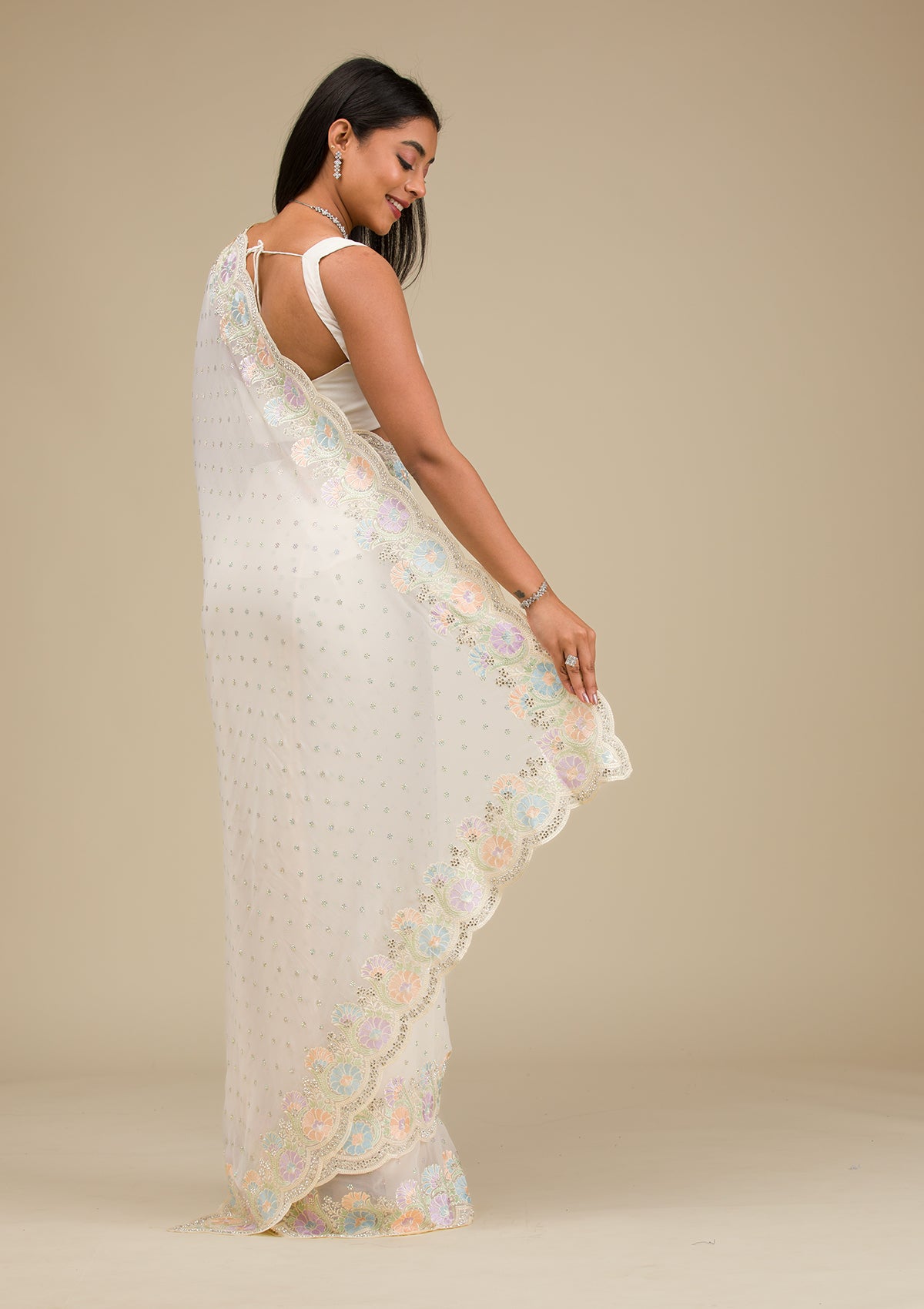 Cream Threadwork Georgette Saree