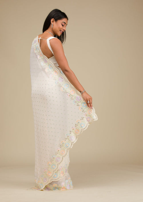 Cream Threadwork Georgette Saree