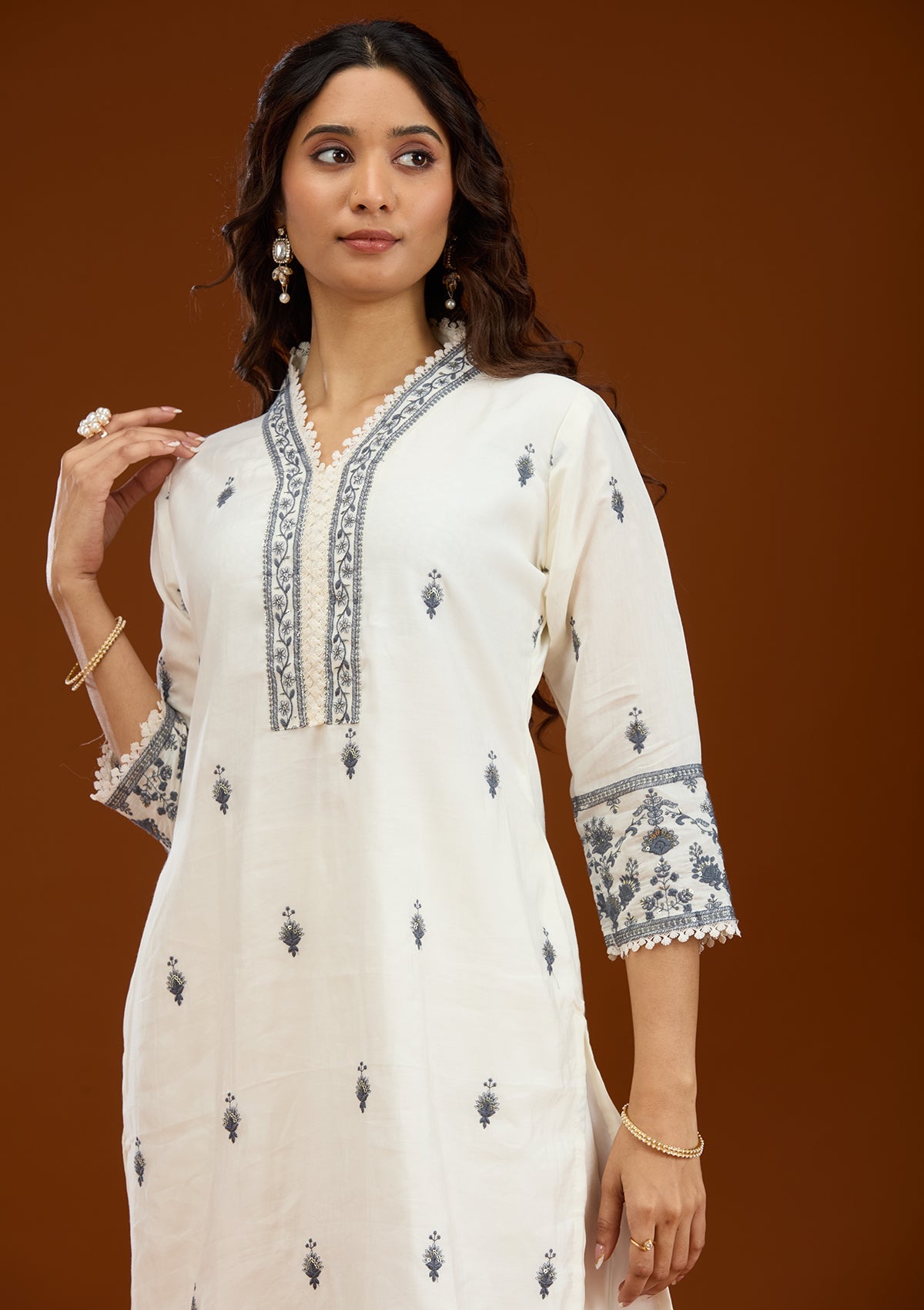 Cream Threadwork Semi Crepe Readymade Salwar Suit
