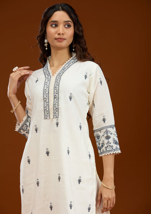 Cream Threadwork Semi Crepe Readymade Salwar Suit